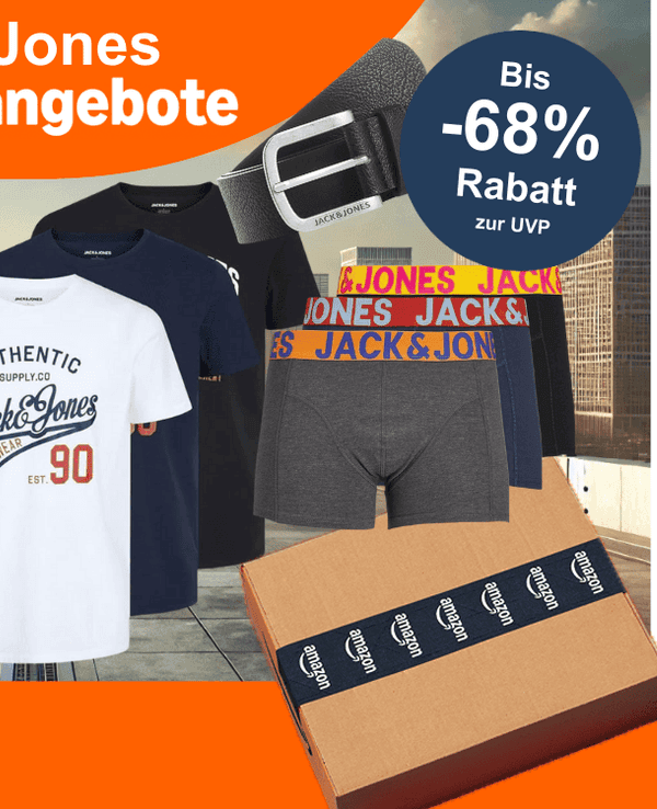 Anordnung von verschiedenen Jack & Jones Modeartikeln wie Sneaker, Jeans, T-Shirts, Boxershorts, Gürtel und mehr vor einem Hintergrund mit einer Skyline.