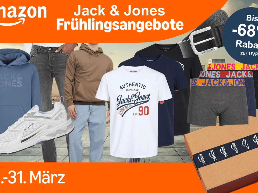 Anordnung von verschiedenen Jack & Jones Modeartikeln wie Sneaker, Jeans, T-Shirts, Boxershorts, Gürtel und mehr vor einem Hintergrund mit einer Skyline.