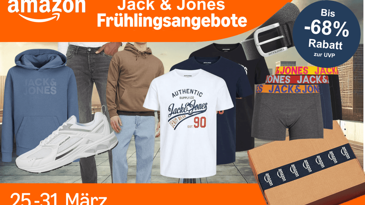 Anordnung von verschiedenen Jack & Jones Modeartikeln wie Sneaker, Jeans, T-Shirts, Boxershorts, Gürtel und mehr vor einem Hintergrund mit einer Skyline.