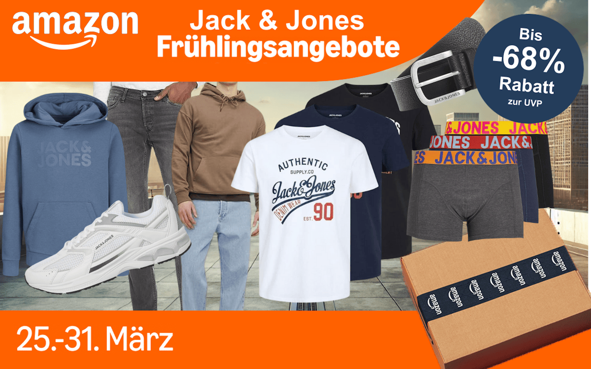 Anordnung von verschiedenen Jack & Jones Modeartikeln wie Sneaker, Jeans, T-Shirts, Boxershorts, Gürtel und mehr vor einem Hintergrund mit einer Skyline.