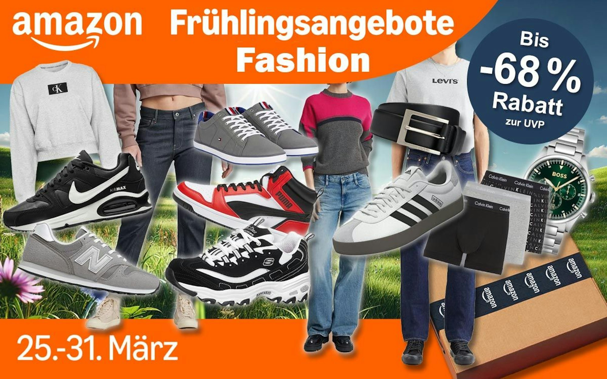 Mode, Schuhe und Sneaker Artikel in den Amazon Frühlingsangeboten von vielen Marken wie Nike, Adidas, Levi's, Tommy Hilfiger, Puma, Boss, New Balance, Skechers und Calvin Klein.