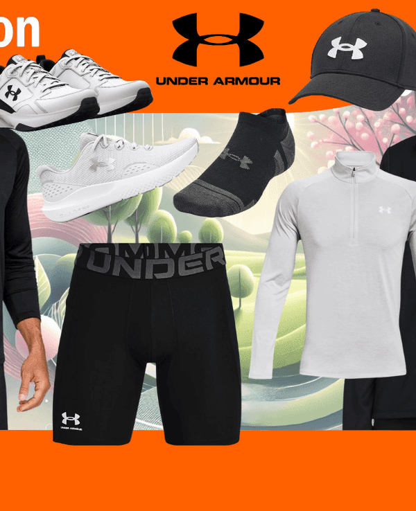 Anordnung von Under Armour Sportbekleidung für Damen und Herren vor einem Hintergrund mit einem Park im Frühling.