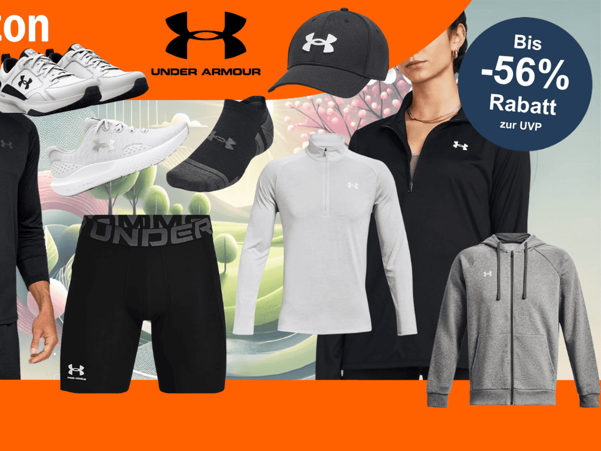 Anordnung von Under Armour Sportbekleidung für Damen und Herren vor einem Hintergrund mit einem Park im Frühling.