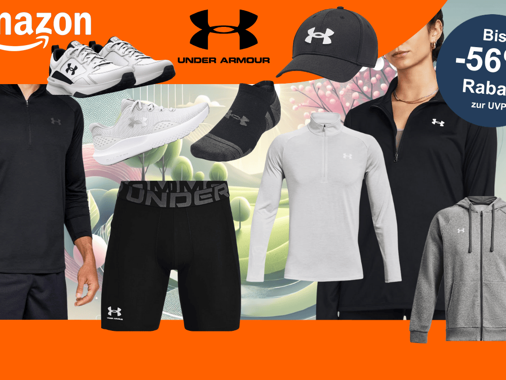 Anordnung von Under Armour Sportbekleidung für Damen und Herren vor einem Hintergrund mit einem Park im Frühling.