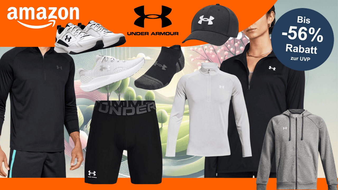 Anordnung von Under Armour Sportbekleidung für Damen und Herren vor einem Hintergrund mit einem Park im Frühling.
