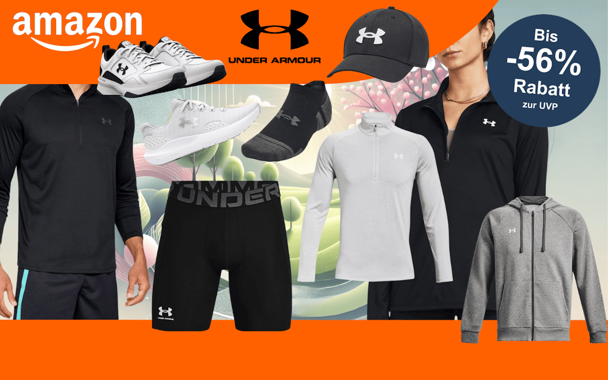 Anordnung von Under Armour Sportbekleidung für Damen und Herren vor einem Hintergrund mit einem Park im Frühling.