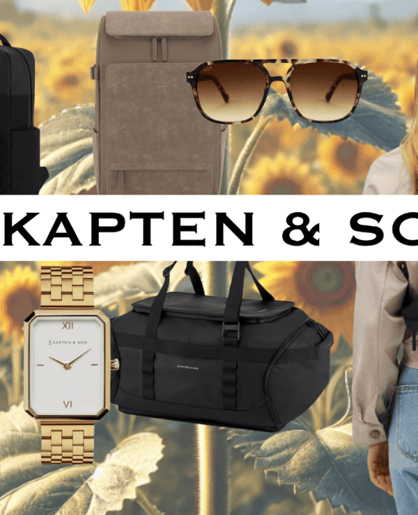 Anordnung von Kapten & Son Produkten wie Rucksäcke, Sonnenbrillen, Taschen und Schmuck vor einem Hintergrund mit Sonnenblumen.