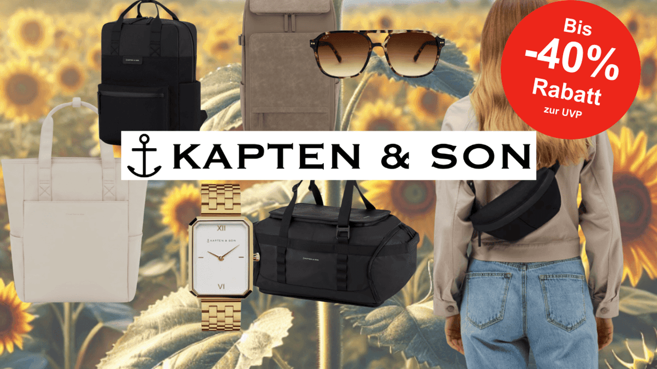 Anordnung von Kapten & Son Produkten wie Rucksäcke, Sonnenbrillen, Taschen und Schmuck vor einem Hintergrund mit Sonnenblumen.