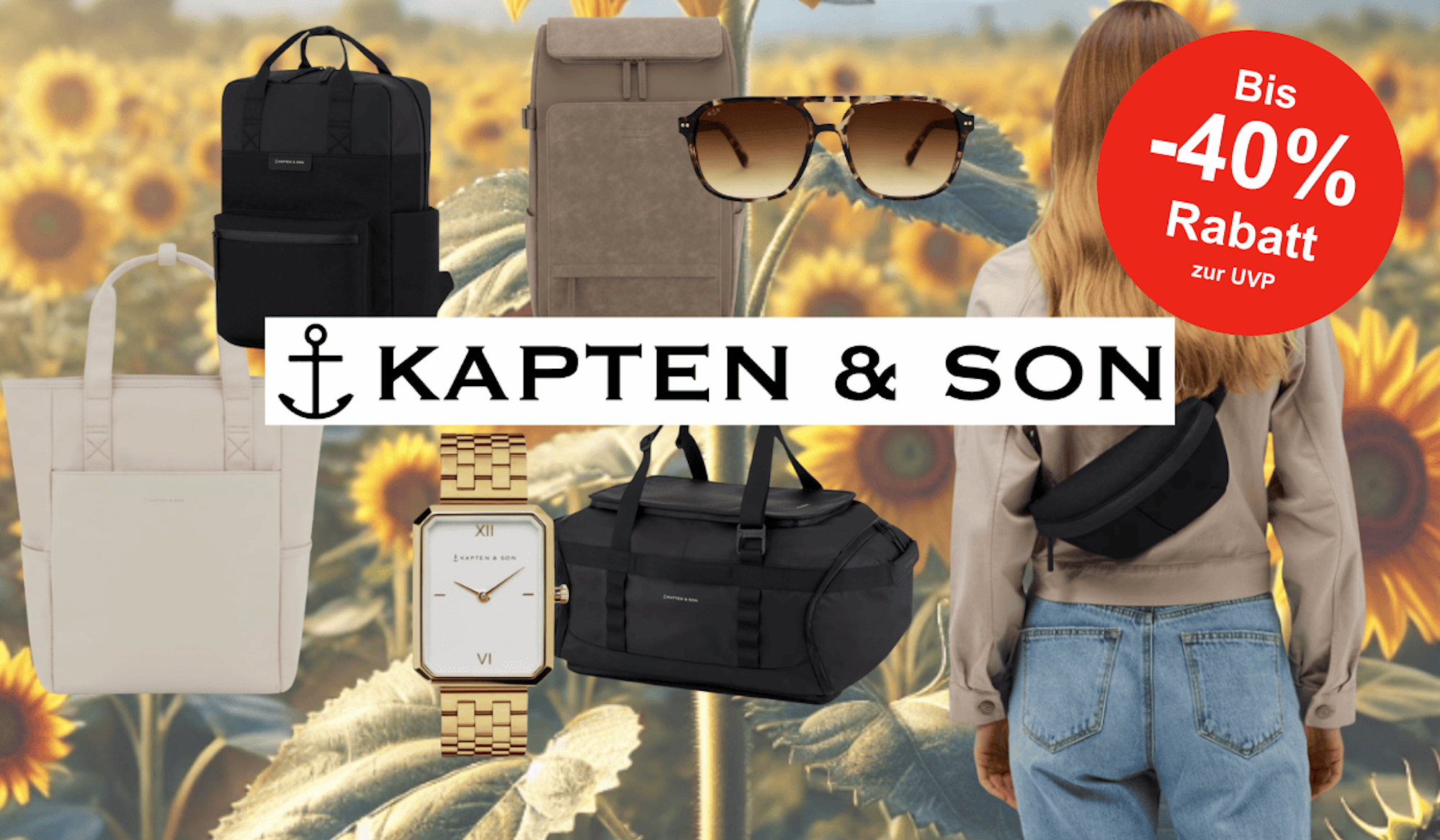 Anordnung von Kapten & Son Produkten wie Rucksäcke, Sonnenbrillen, Taschen und Schmuck vor einem Hintergrund mit Sonnenblumen.