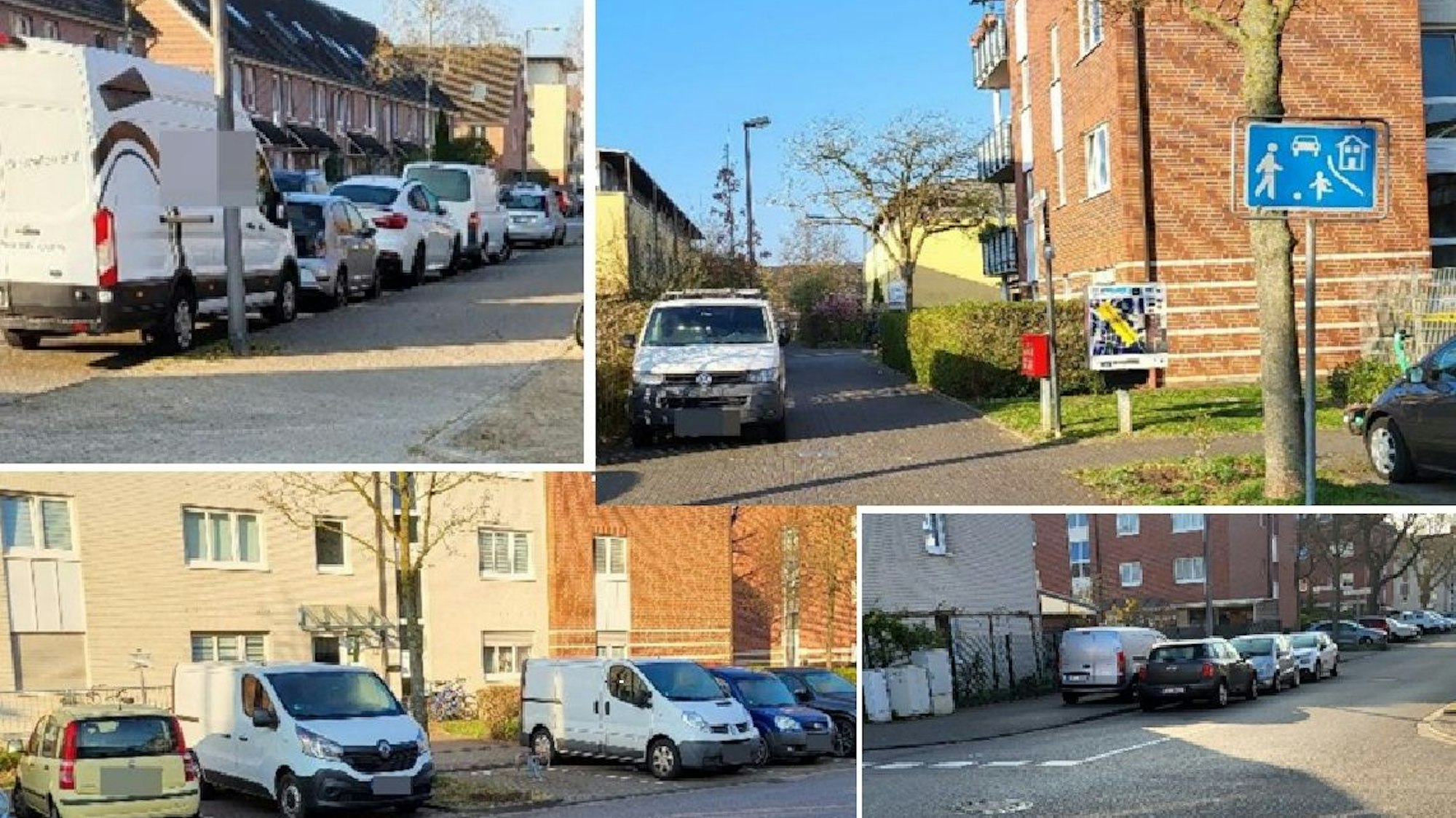 Wildparker in Köln-Ossendorf. An mehreren Stellen stehen Firmen-Transporter und blockieren Parkplätze für Anwohnende.