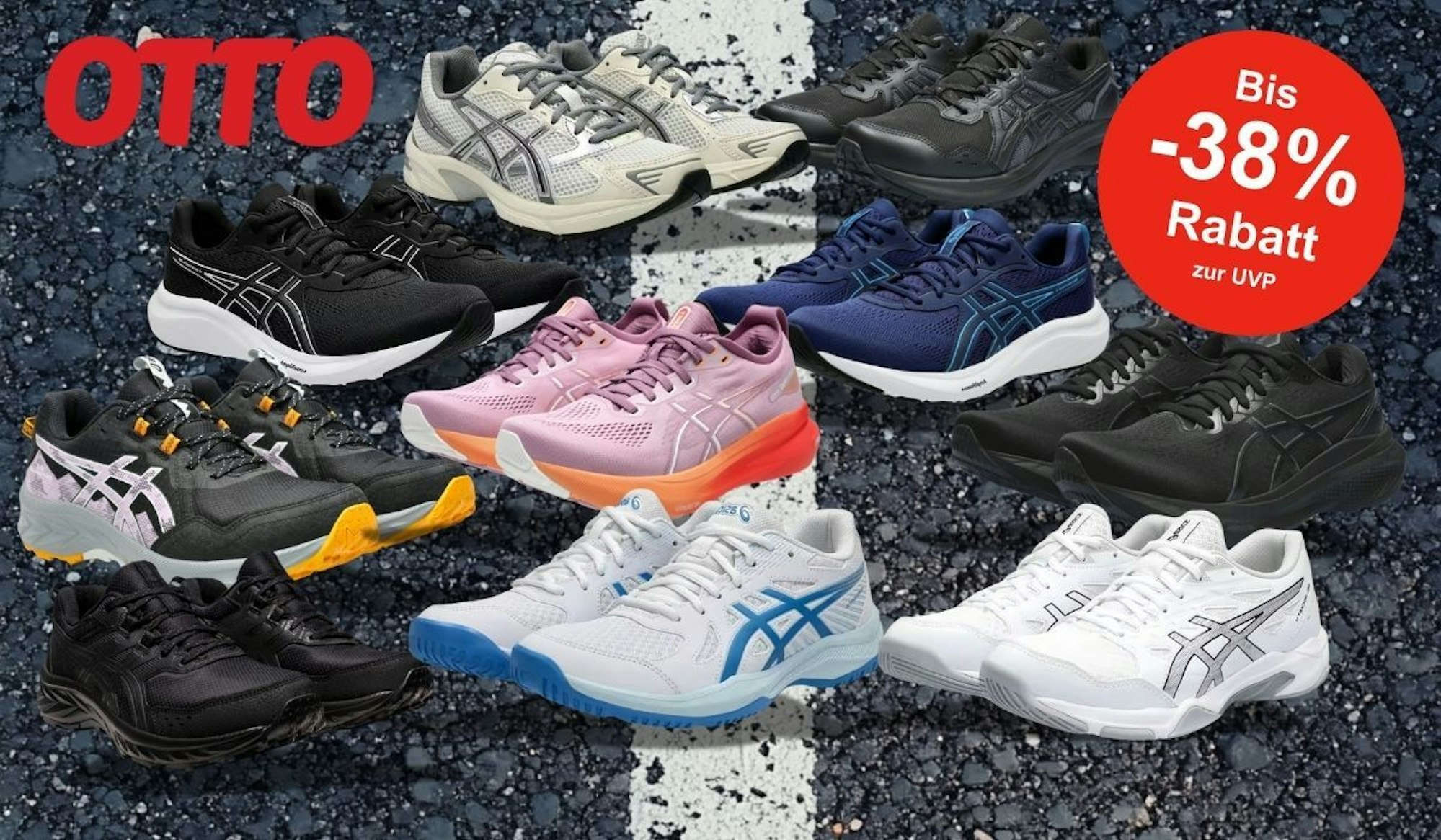 Eine Werbegrafik mit verschiedenen ASICS-Sportschuhen, die auf einem Asphalt-Hintergrund mit weißer Straßenmarkierung angeordnet sind.