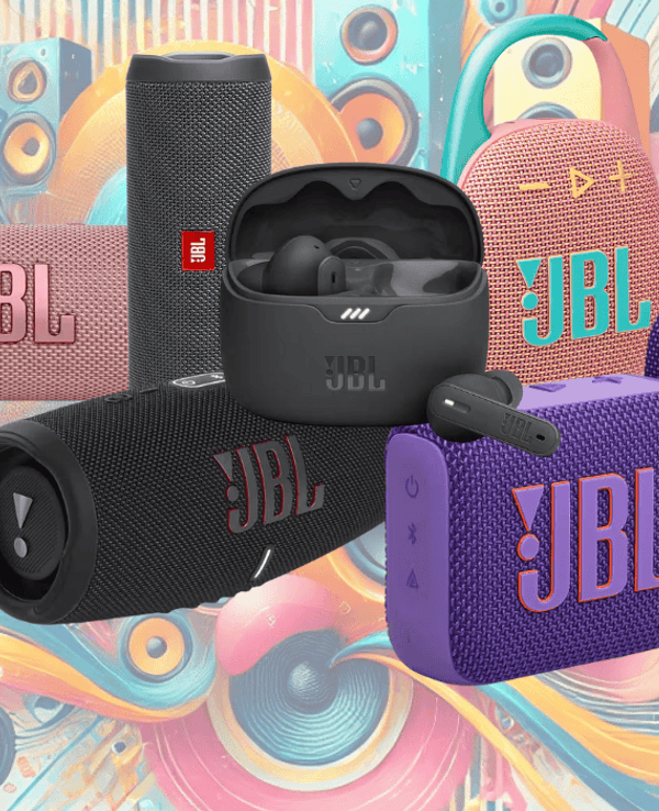 Anordnung verschiedener JBL Produkte wie Charge 5, Flip 6, Go 4, Partybox 320 und mehr vor einem bunten Hintergrund.