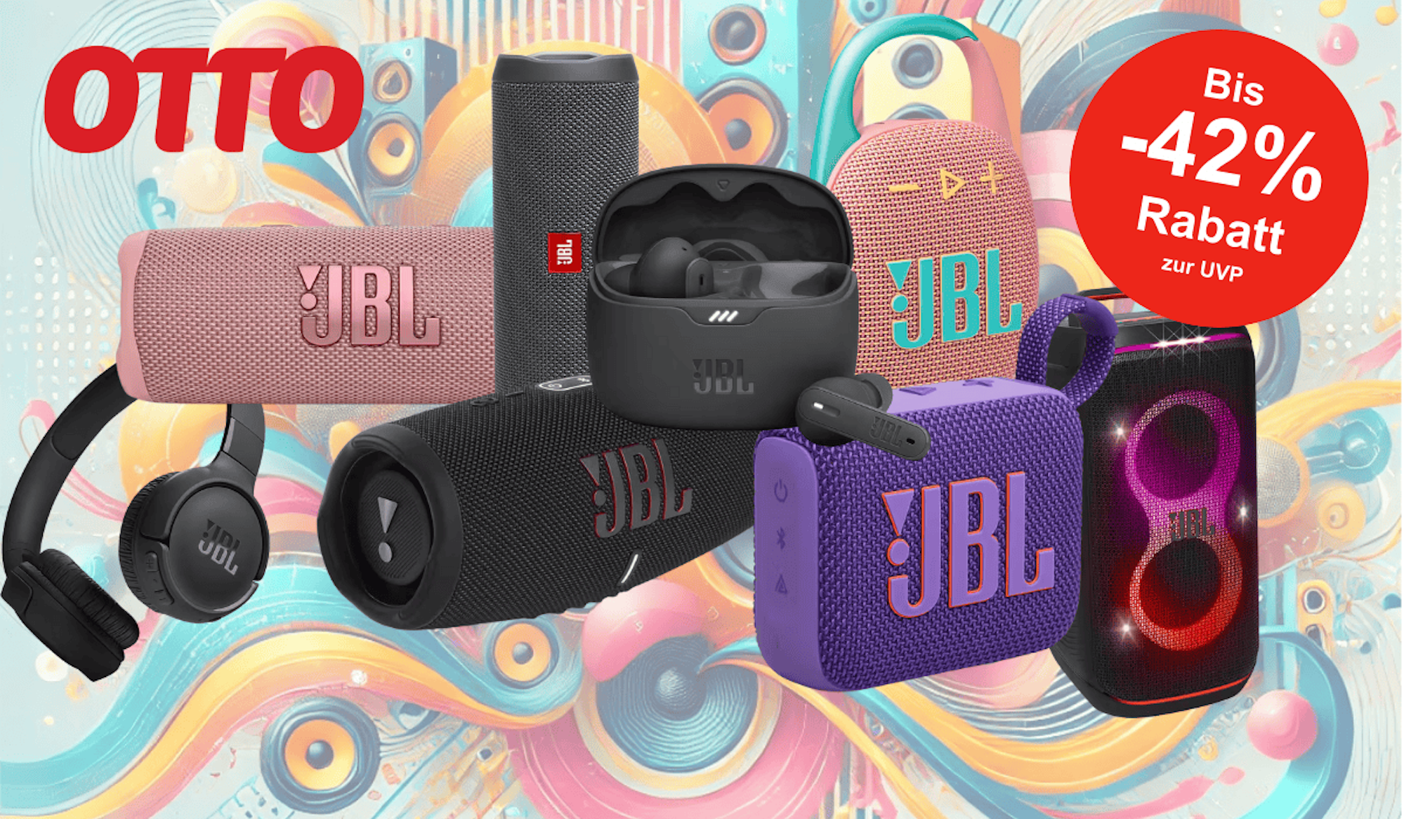 Anordnung verschiedener JBL Produkte wie Charge 5, Flip 6, Go 4, Partybox 320 und mehr vor einem bunten Hintergrund.