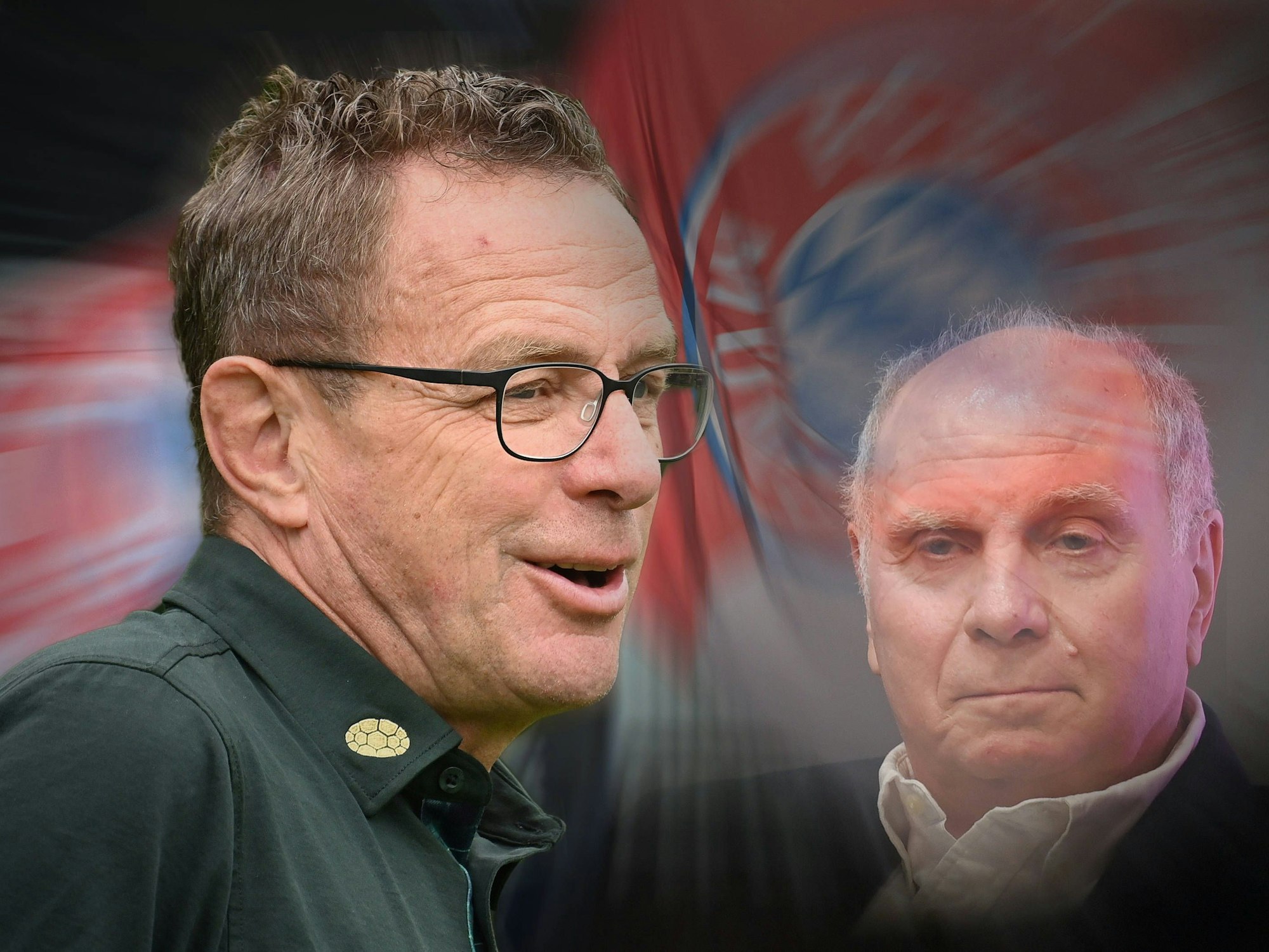Fotomontage mit Ralf Rangnick im Vordergrund und Uli Hoeneß und einer Bayern-Fahne im Hintergrund.