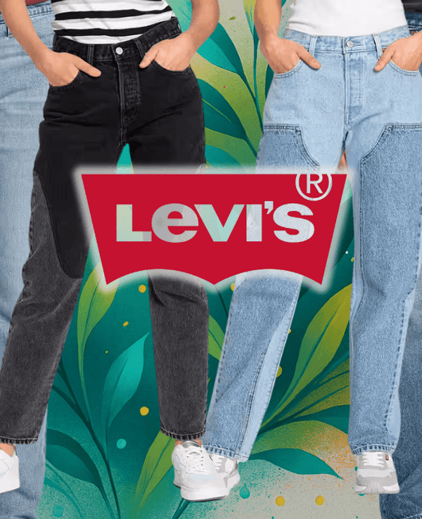 Anordnung von Levi's Jeans Modellen für Damen und Herren vor einem Hintergrund mit Blättern in abstrakter Form.