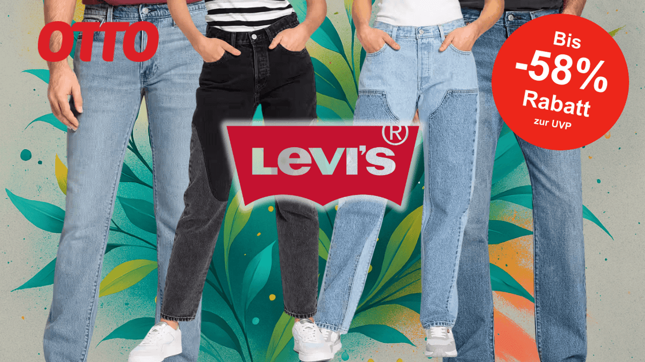 Anordnung von Levi's Jeans Modellen für Damen und Herren vor einem Hintergrund mit Blättern in abstrakter Form.