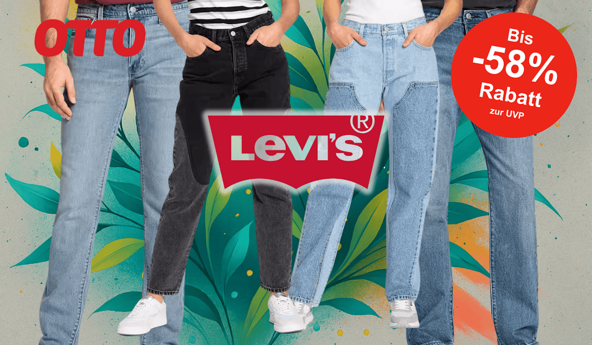 Anordnung von Levi's Jeans Modellen für Damen und Herren vor einem Hintergrund mit Blättern in abstrakter Form.