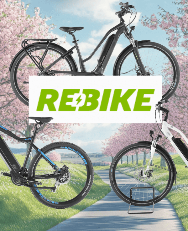 Anordnung von drei E-Bikes vor einem Hintergrund. Diese zeigt einen Fahrradweg im Frühling.