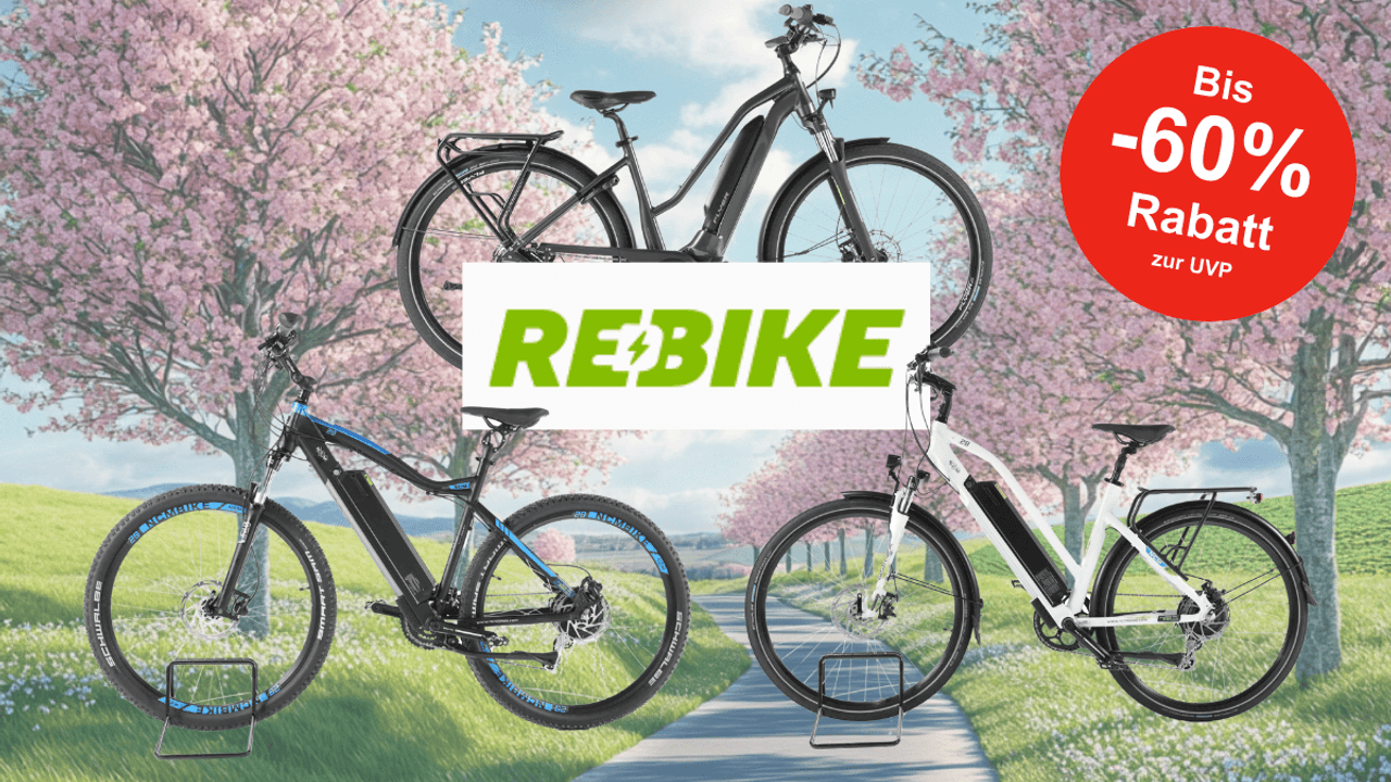 Anordnung von drei E-Bikes vor einem Hintergrund. Diese zeigt einen Fahrradweg im Frühling.