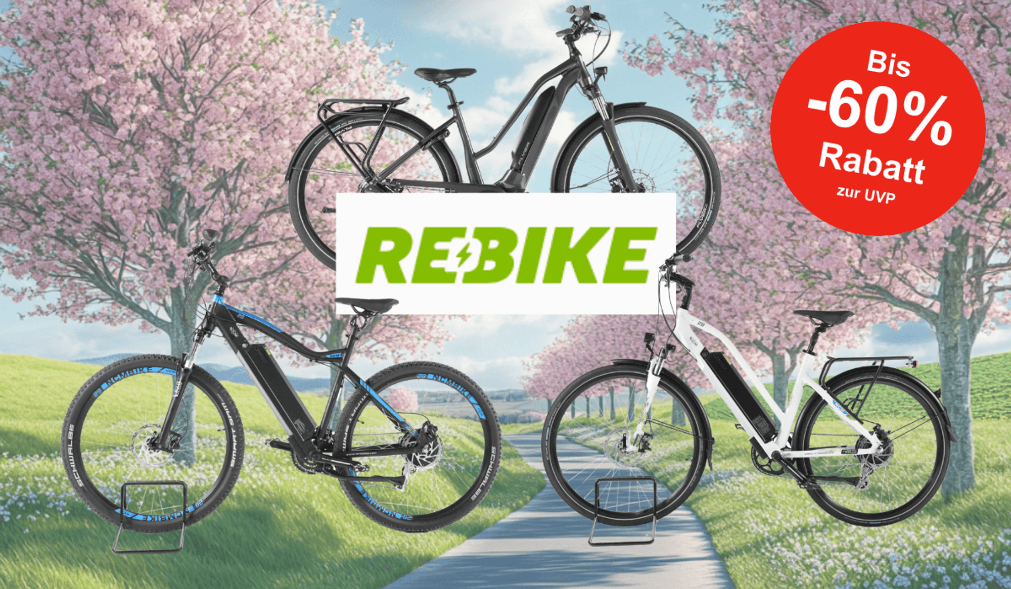 Anordnung von drei E-Bikes vor einem Hintergrund. Diese zeigt einen Fahrradweg im Frühling.