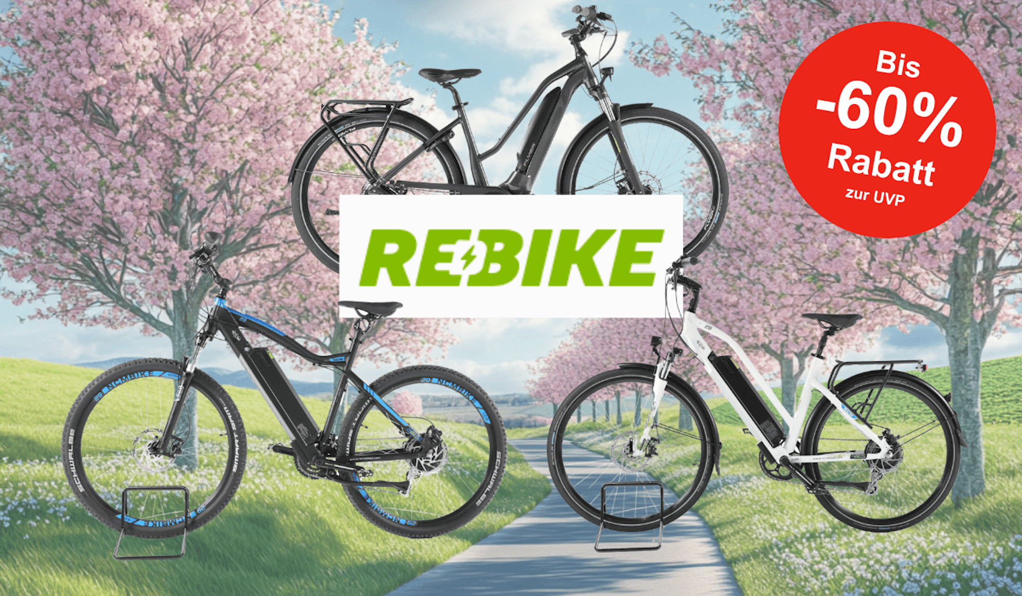Anordnung von drei E-Bikes vor einem Hintergrund. Diese zeigt einen Fahrradweg im Frühling.