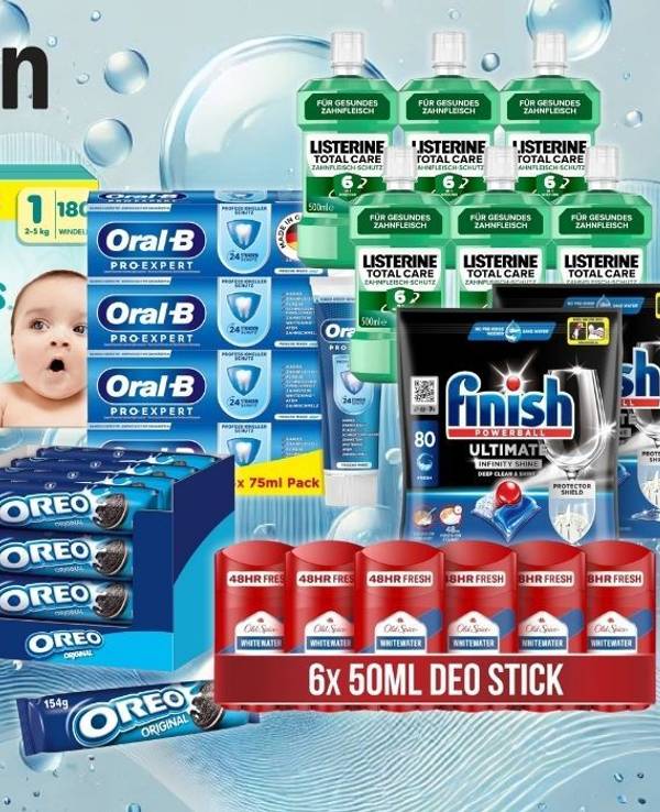Eine Auswahl an Haushalts- und Alltagsprodukten, die im Rahmen des Amazon Vorteilspakete Sales erhältlich sind – darunter Marken wie Pampers, Oral-B, Listerine, Finish, Sagrotan, Tempo und Oreo.