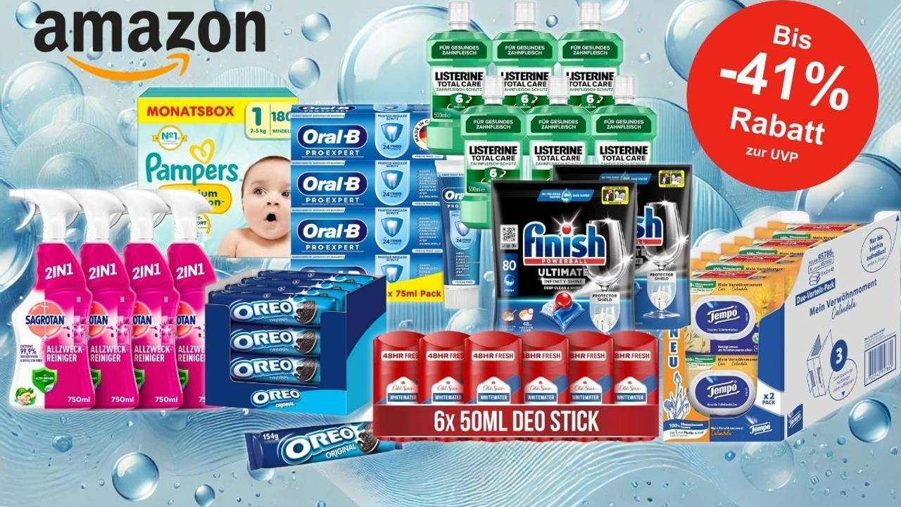 Eine Auswahl an Haushalts- und Alltagsprodukten, die im Rahmen des Amazon Vorteilspakete Sales erhältlich sind – darunter Marken wie Pampers, Oral-B, Listerine, Finish, Sagrotan, Tempo und Oreo.