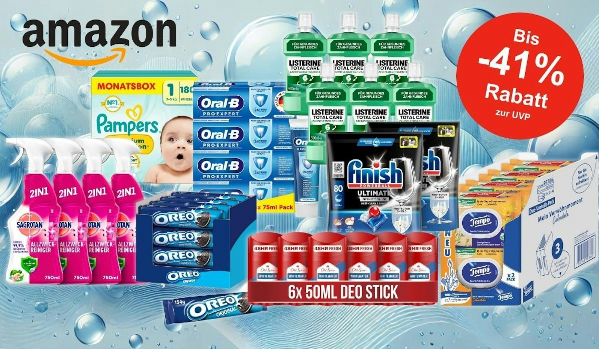 Eine Auswahl an Haushalts- und Alltagsprodukten, die im Rahmen des Amazon Vorteilspakete Sales erhältlich sind – darunter Marken wie Pampers, Oral-B, Listerine, Finish, Sagrotan, Tempo und Oreo.
