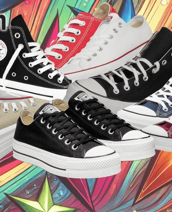 Anordnung verschiedener Converse Sneaker vor einem bunten Hintergrund mit Sternen.