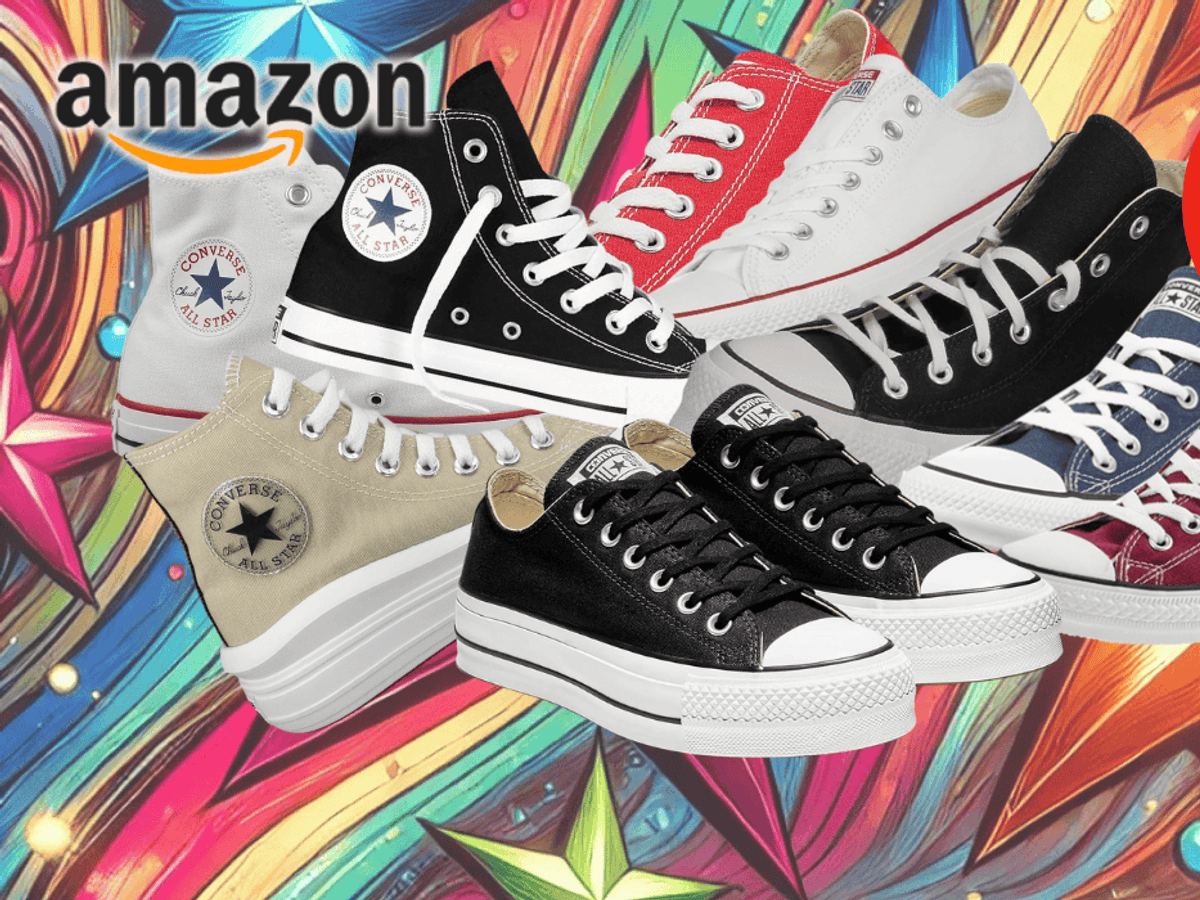 Anordnung verschiedener Converse Sneaker vor einem bunten Hintergrund mit Sternen.