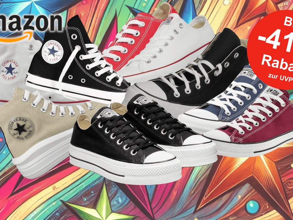 Anordnung verschiedener Converse Sneaker vor einem bunten Hintergrund mit Sternen.