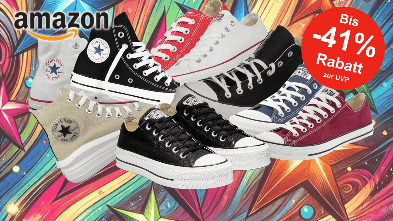 Anordnung verschiedener Converse Sneaker vor einem bunten Hintergrund mit Sternen.
