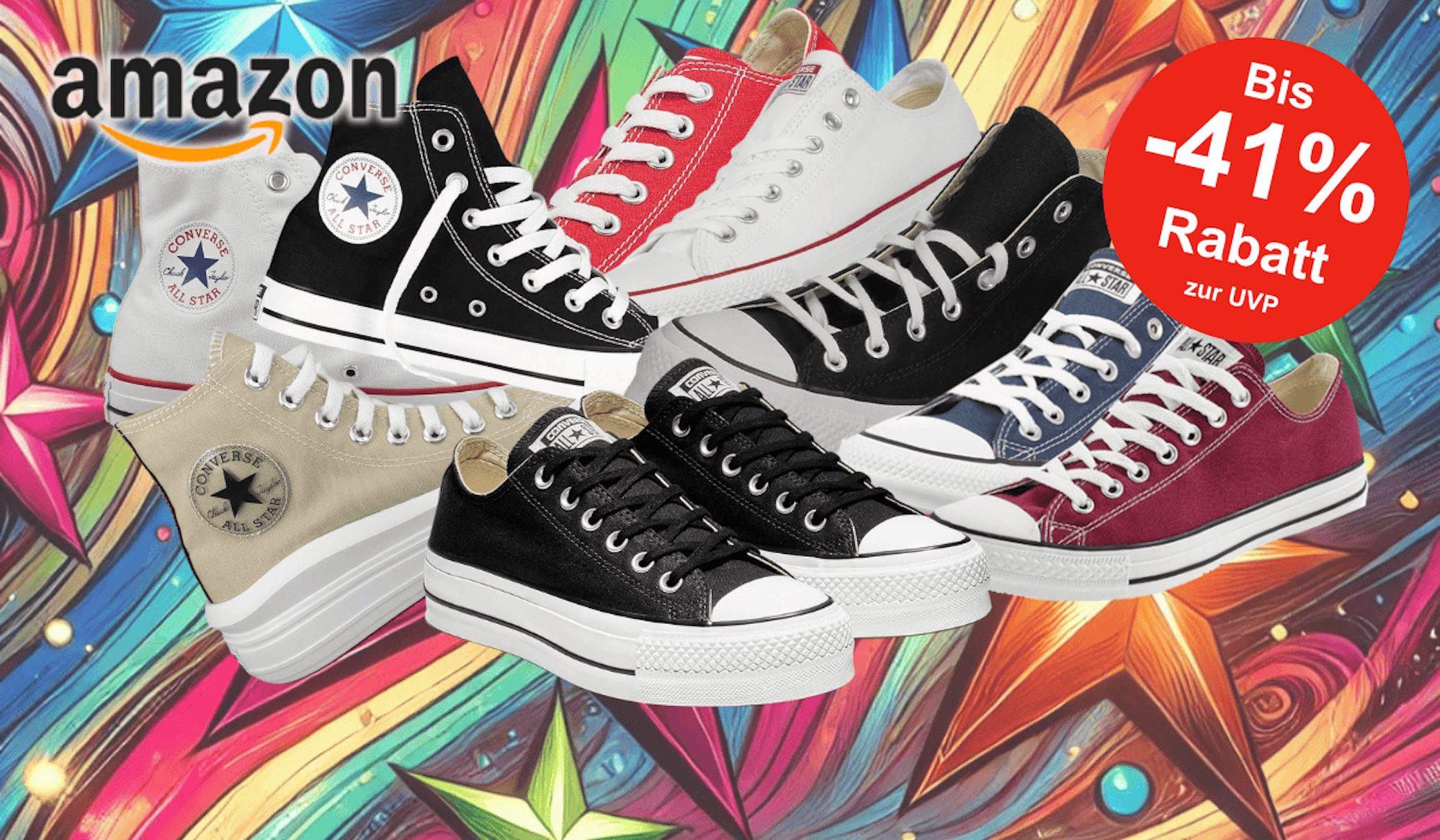 Anordnung verschiedener Converse Sneaker vor einem bunten Hintergrund mit Sternen.