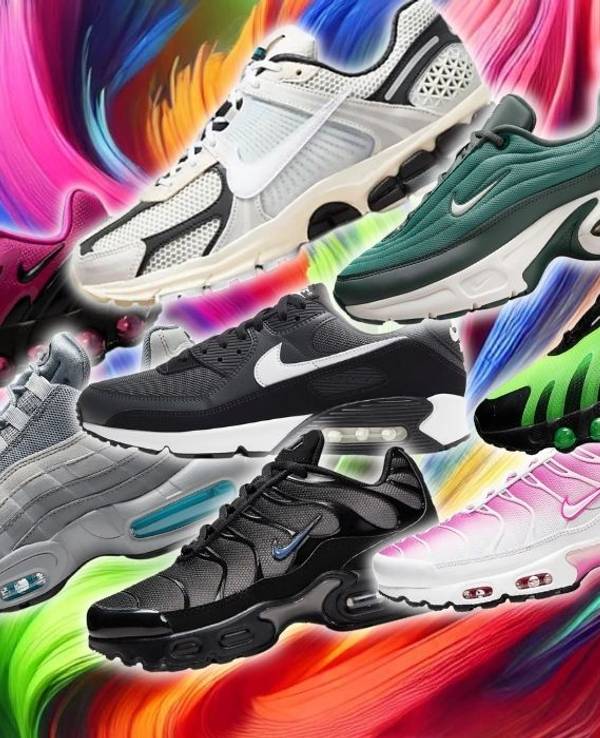 Viele verschiedene Nike Sneaker-Modelle vor einem Hintergrund im Graffiti Style.