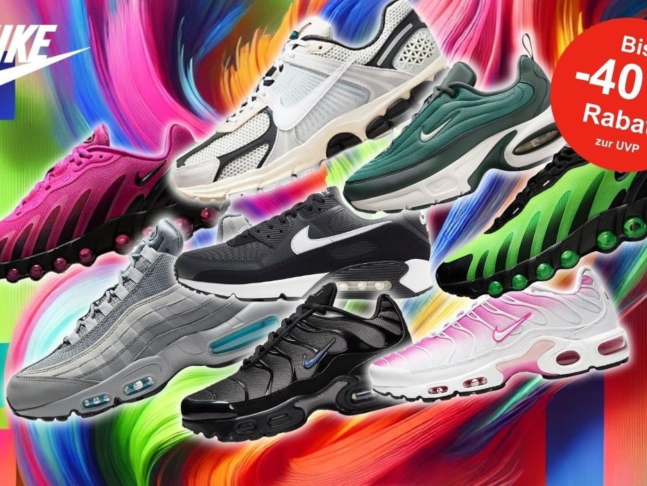 Viele verschiedene Nike Sneaker-Modelle vor einem Hintergrund im Graffiti Style.