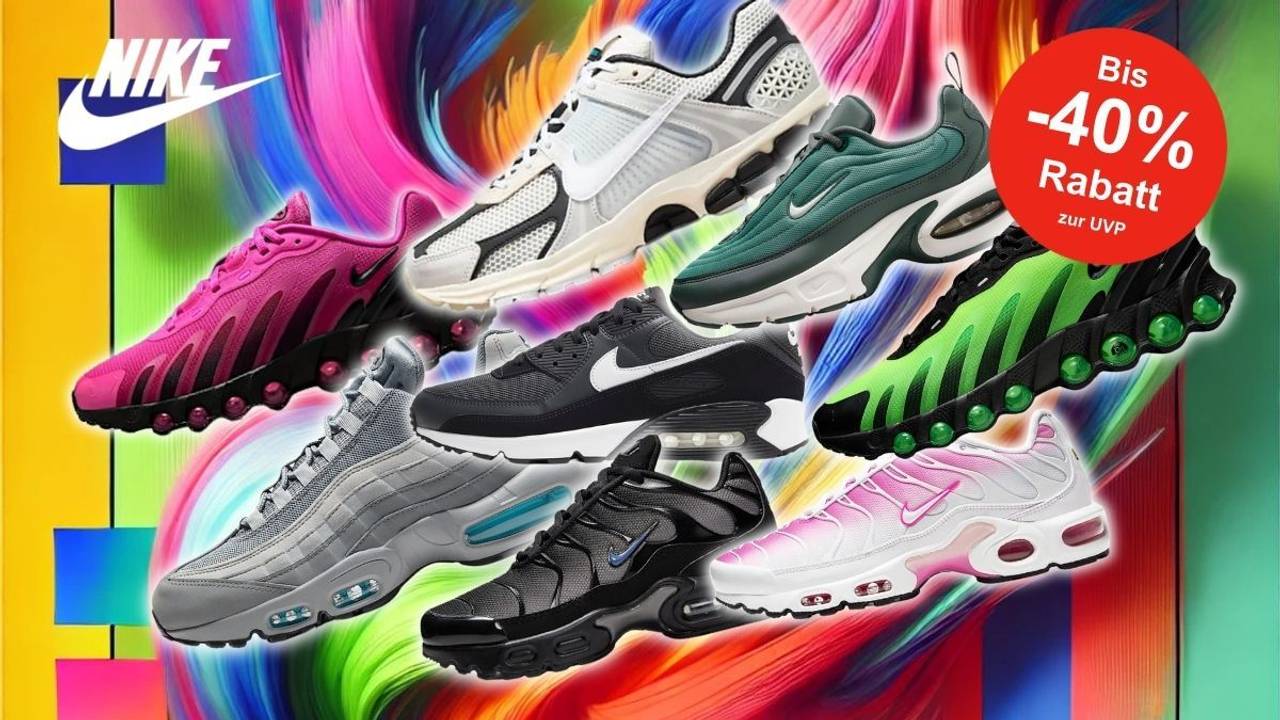 Viele verschiedene Nike Sneaker-Modelle vor einem Hintergrund im Graffiti Style.