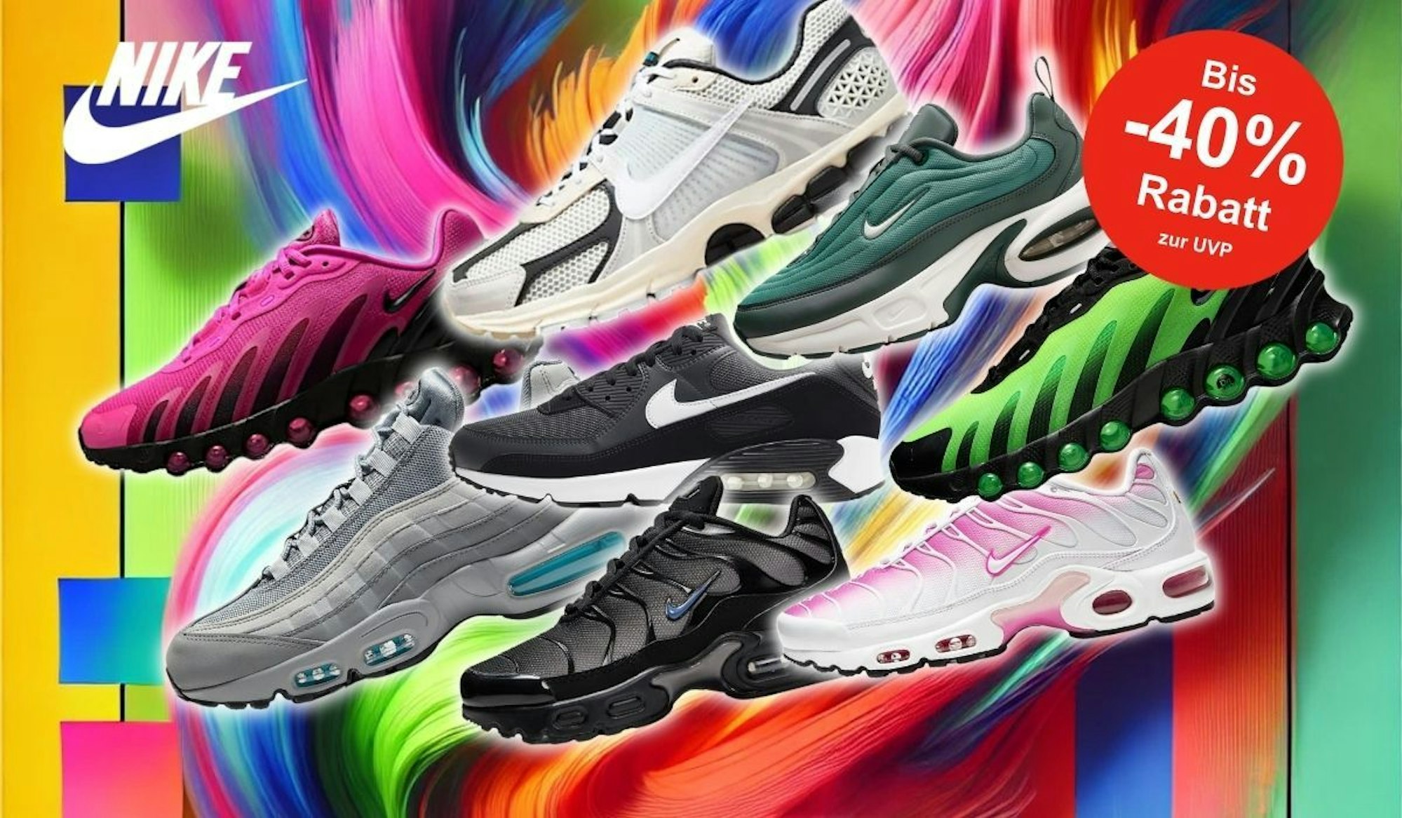 Viele verschiedene Nike Sneaker-Modelle vor einem Hintergrund im Graffiti Style.