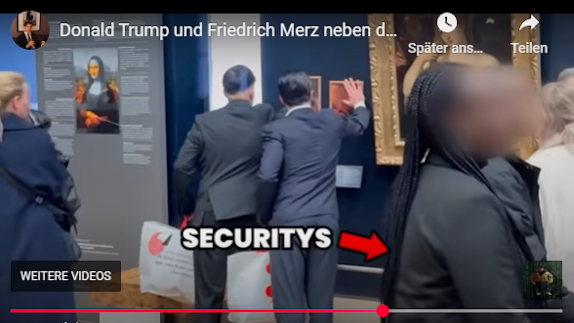 Eine Szene aus dem YouTube-Video: Die Kölner schmuggelten Bilder von Donald Trump und Friedrich Merz in die Sammlung des Pariser Louvres.