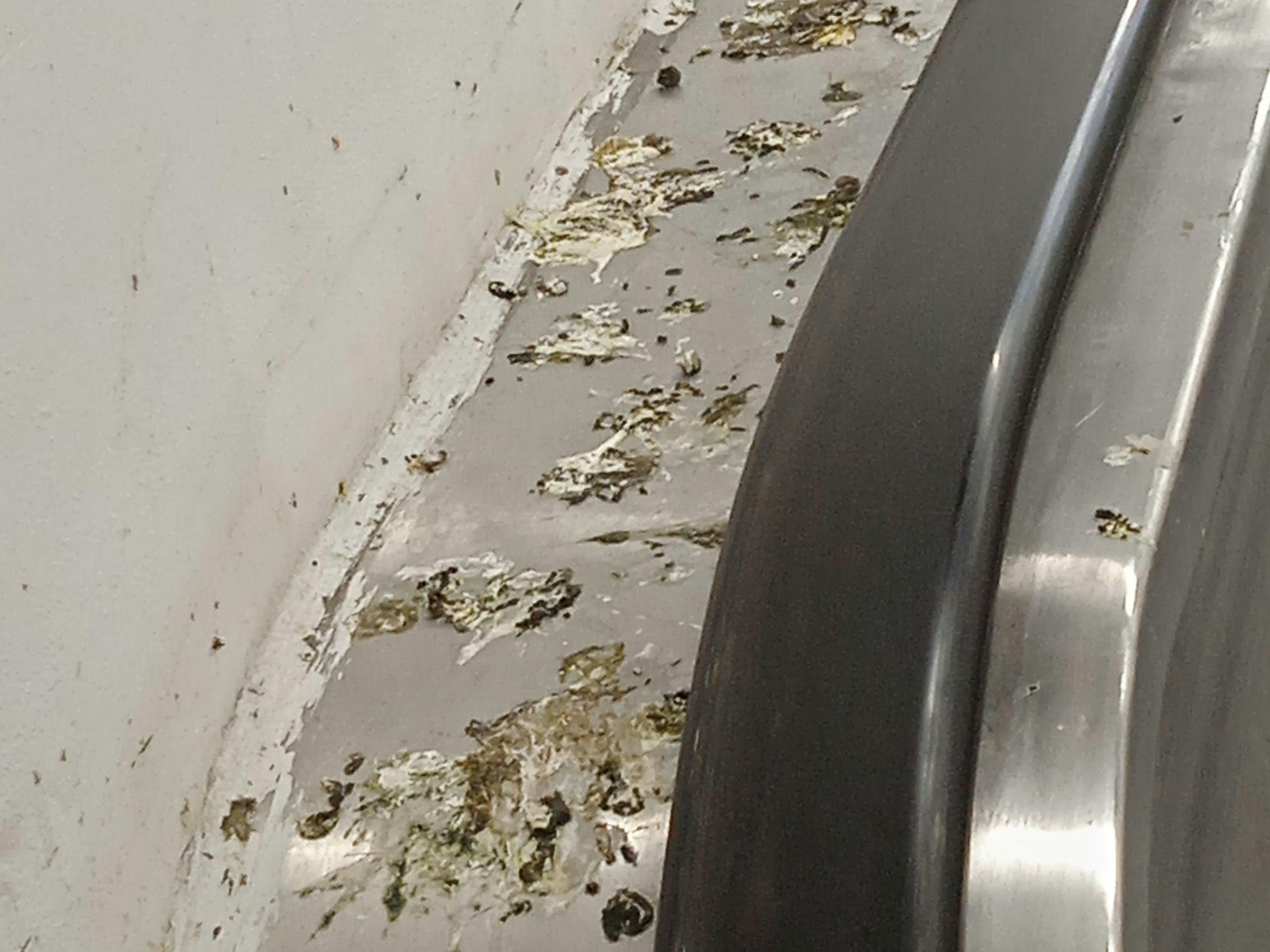 Der Handlauf einer Rolltreppe ist voll mit Taubenkot.