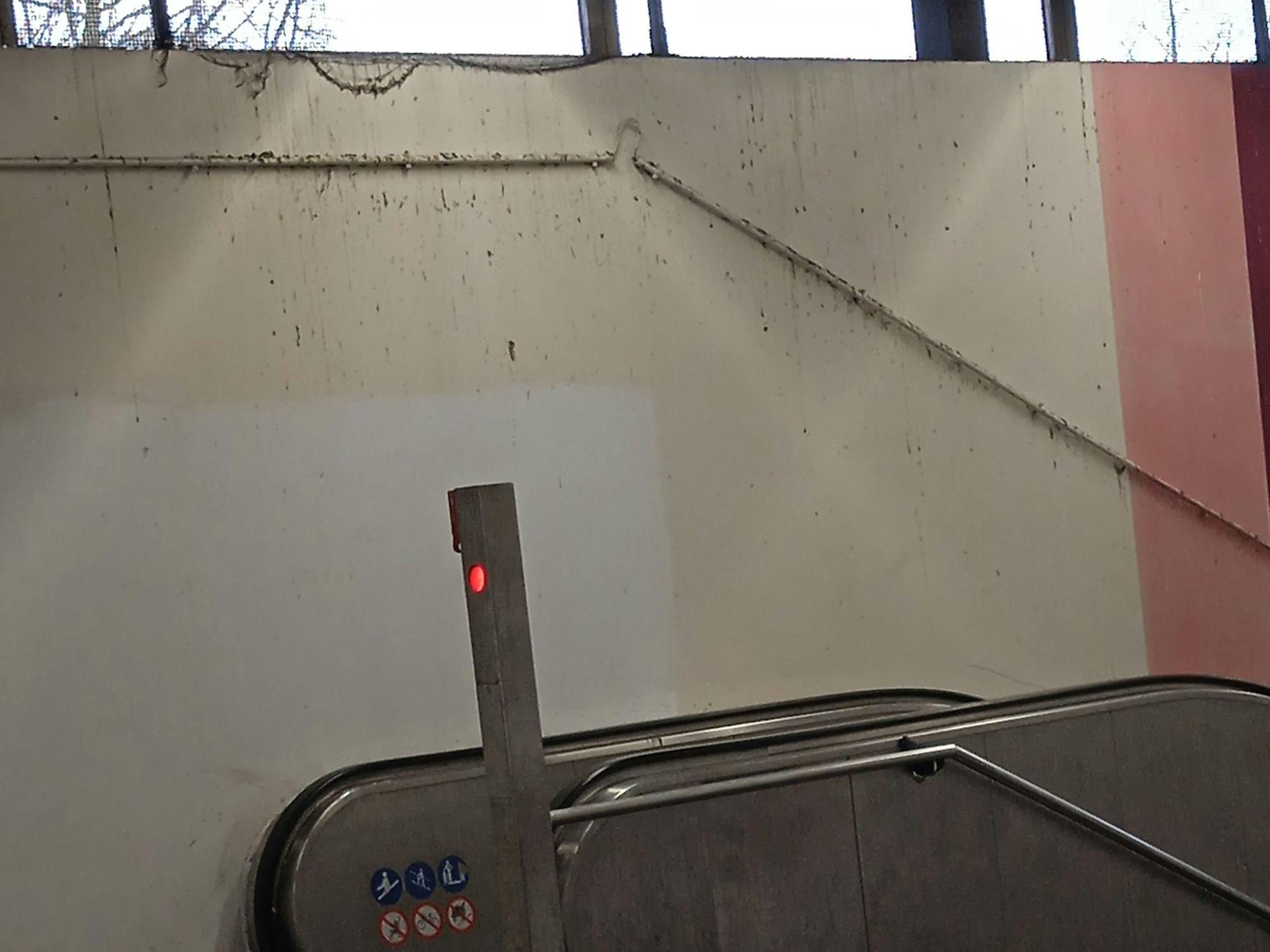 An der Wand neben einer Rolltreppe befindet sich ein Kabelschacht voll mit Taubenkot, an der Wand sind Dreck und Taubenkot-Spritzer.