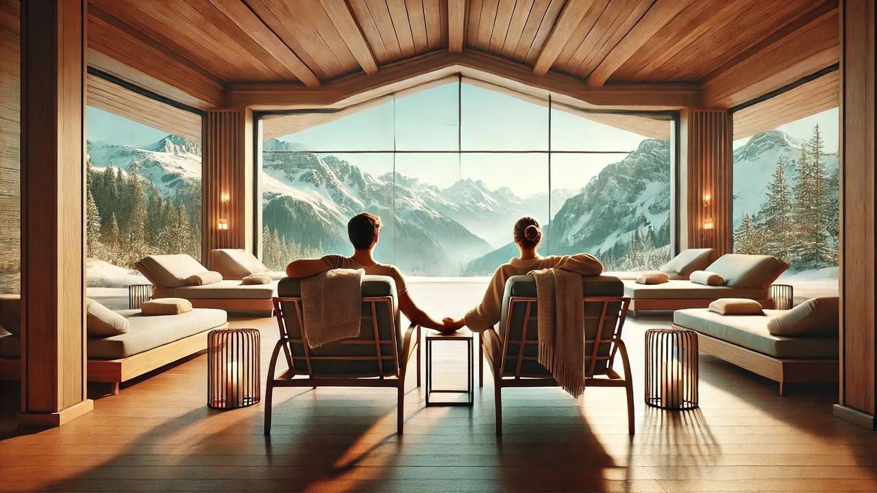 Paar sitzt händchenhaltend vor einem großen Fenster und blickt auf ein malerisches Gebirge.