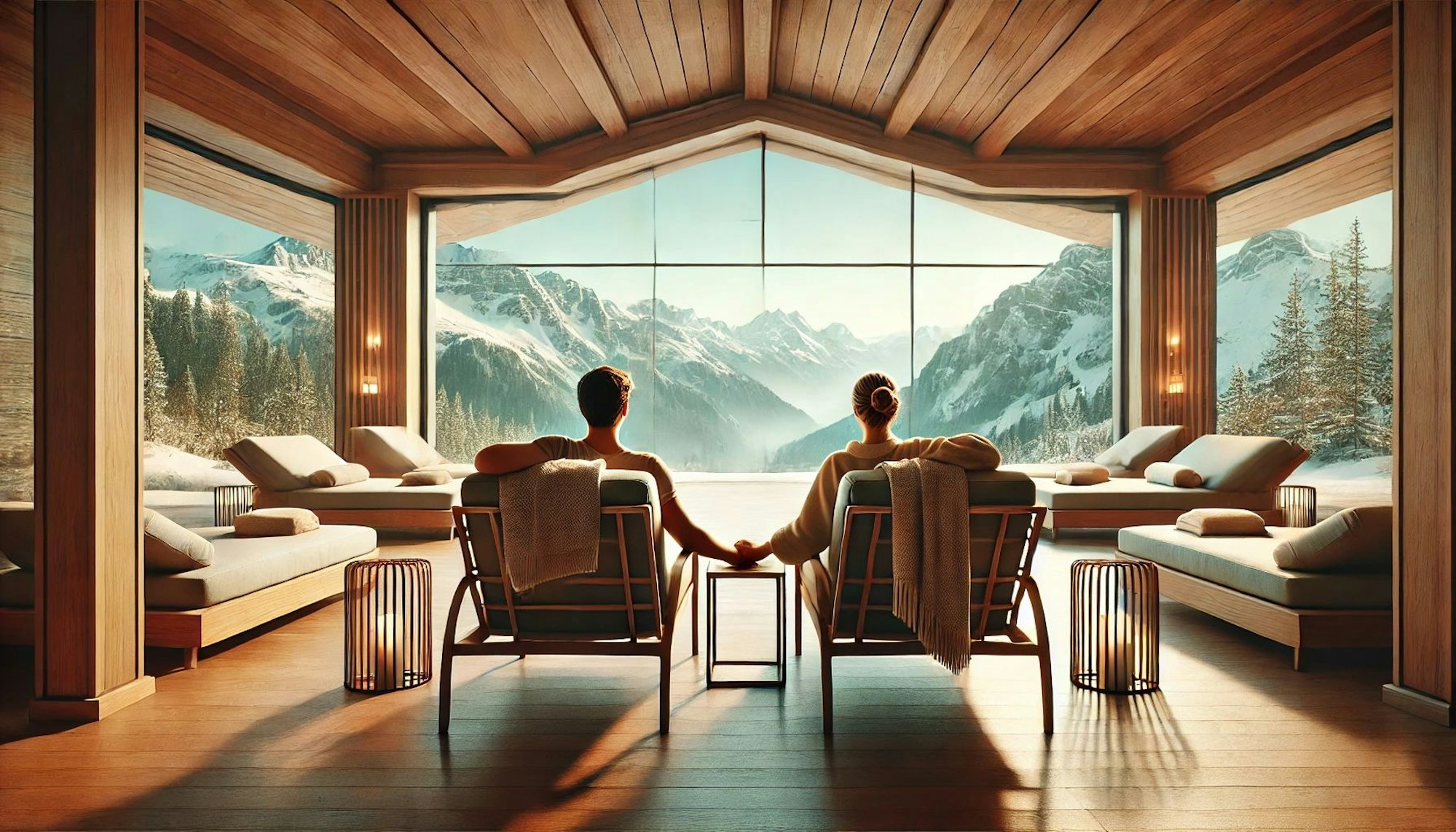 Paar sitzt händchenhaltend vor einem großen Fenster und blickt auf ein malerisches Gebirge.