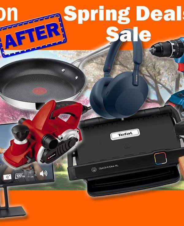 Beispiele aus verschiedenen Produktkategorien in Amazon After Spring Deals Sale: Nike Sneaker, Tefal Jamie Oliver Pfanne, Bosch Professional Akku-Bohrschrauber, Tefal Optigrill, Levi's Jeans, Sony Kopfhörer, Einhell Elektrohobel, MSI Monitor.