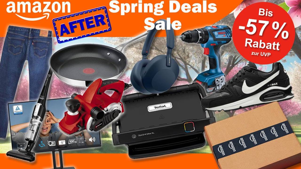 Beispiele aus verschiedenen Produktkategorien in Amazon After Spring Deals Sale: Nike Sneaker, Tefal Jamie Oliver Pfanne, Bosch Professional Akku-Bohrschrauber, Tefal Optigrill, Levi's Jeans, Sony Kopfhörer, Einhell Elektrohobel, MSI Monitor.