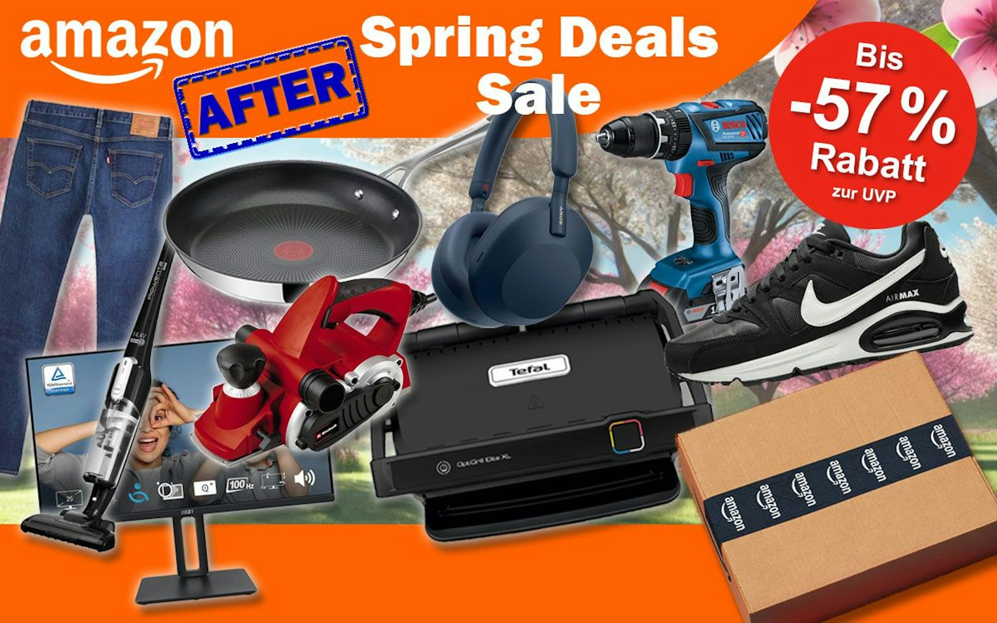 Beispiele aus verschiedenen Produktkategorien in Amazon After Spring Deals Sale: Nike Sneaker, Tefal Jamie Oliver Pfanne, Bosch Professional Akku-Bohrschrauber, Tefal Optigrill, Levi's Jeans, Sony Kopfhörer, Einhell Elektrohobel, MSI Monitor.