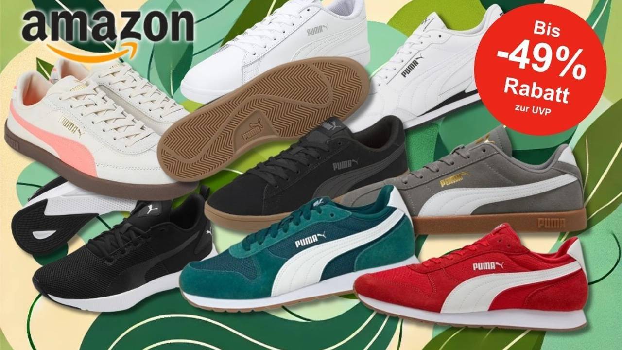 Eine Werbegrafik für PUMA-Sneaker-Sale bei Amazon. Im Vordergrund sind neun verschiedene PUMA-Schuhe in unterschiedlichen Modellen arrangiert. Im Hintergrund ist ein stilisiertes, abstraktes Blatt-Design in Grüntönen zu sehen.