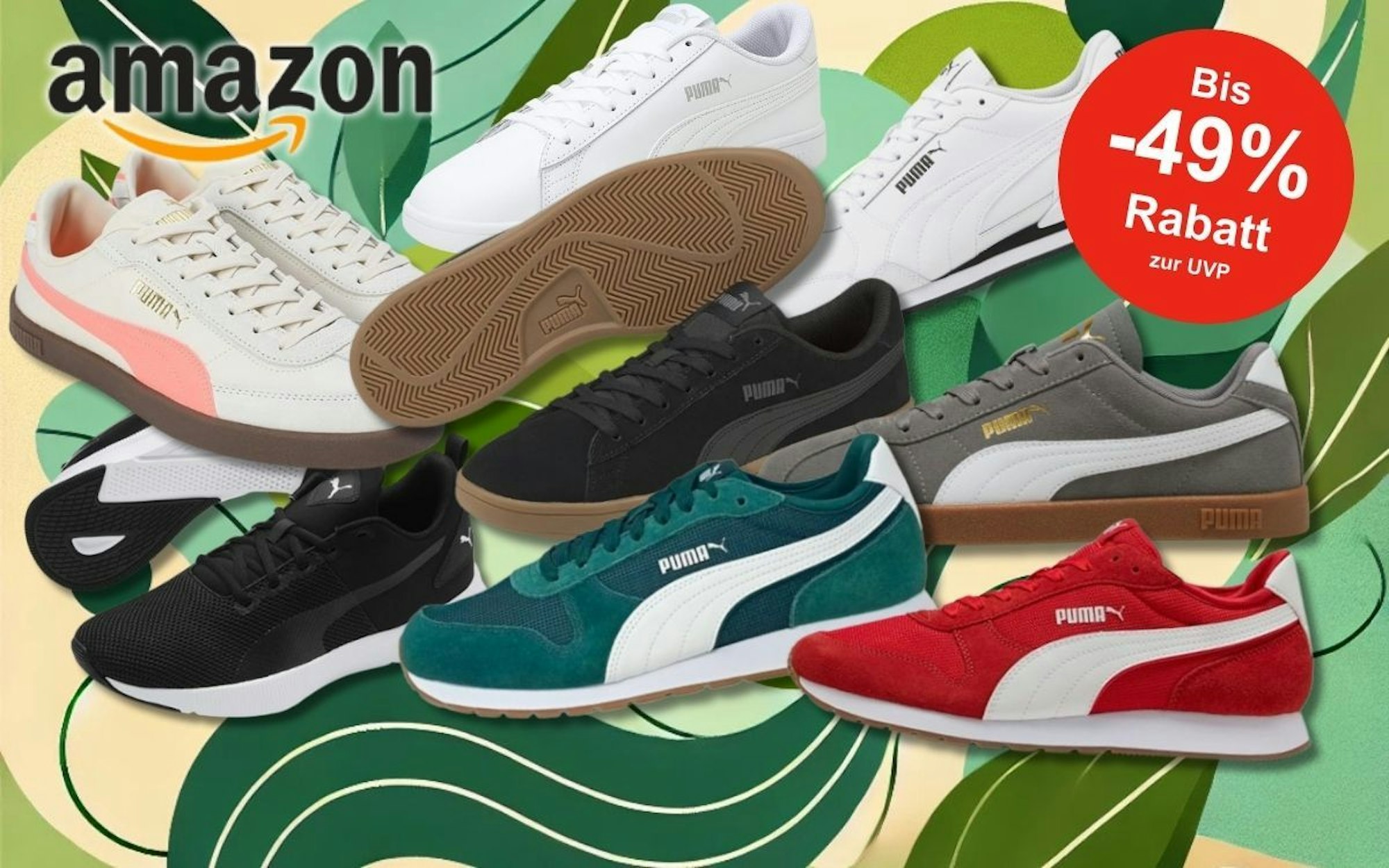 Eine Werbegrafik für PUMA-Sneaker-Sale bei Amazon. Im Vordergrund sind neun verschiedene PUMA-Schuhe in unterschiedlichen Modellen arrangiert. Im Hintergrund ist ein stilisiertes, abstraktes Blatt-Design in Grüntönen zu sehen.