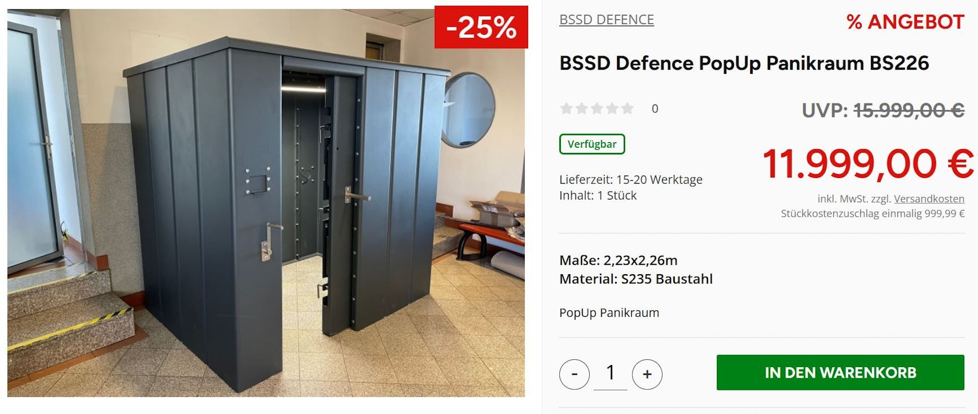 Zu sehen ist eine Produktseite des „PopUp Panikraums“ auf norma24.de, dort werden diese als Sicherheitsartikel verkauft.