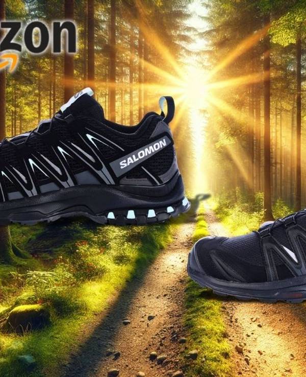 Eine Werbegrafik mit Salomon XA Pro 3D Gore-Tex Traillaufschuh für Damen und Herren vor einem sonnendurchfluteten Waldweg.