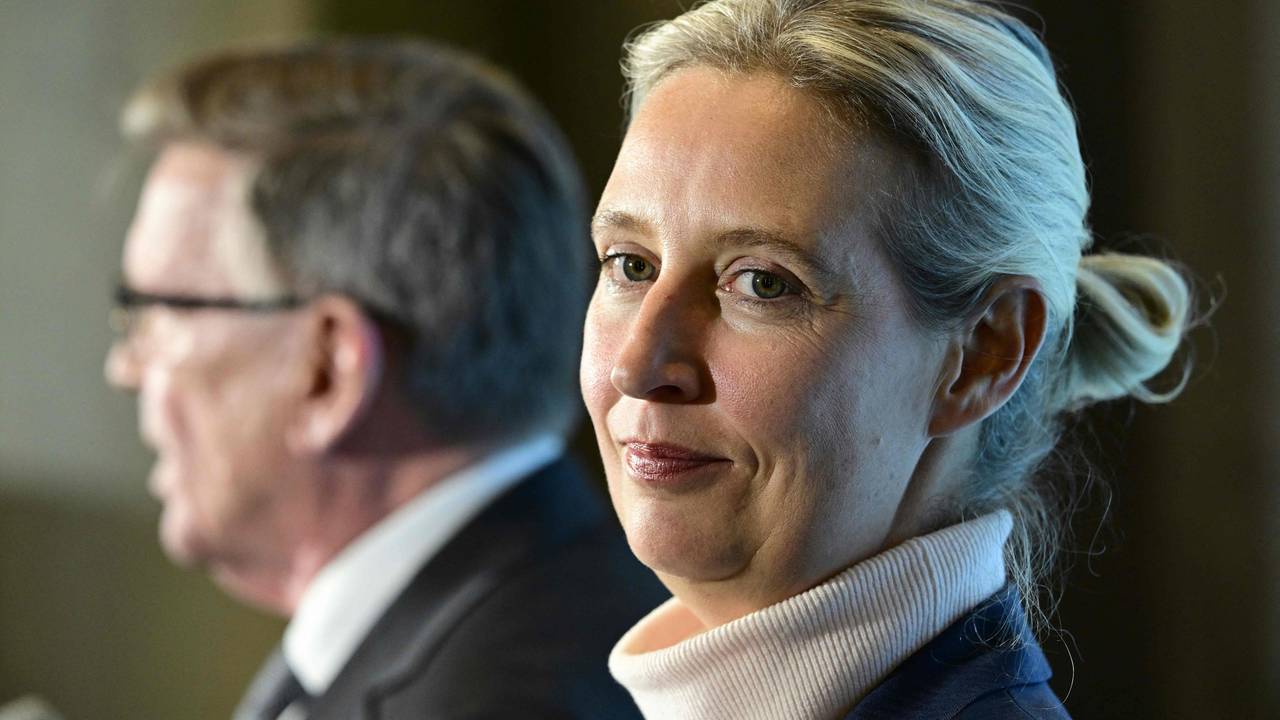 Zu sehen sind AfD-Spitzenkandidatin Alice Weidel und Bundestags-Mitglied Gerald Otten bei einer Veranstaltung am 24. März 2025.